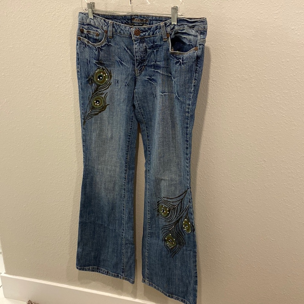 Seductions Jeans painted with peacock and rhinestones tufted custom look! Sz 13